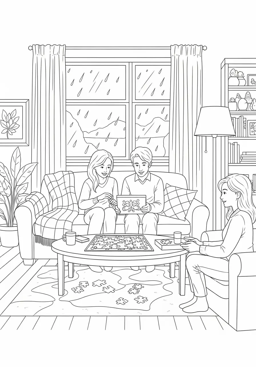 Rainy Day Cute Cozy Coloring Page