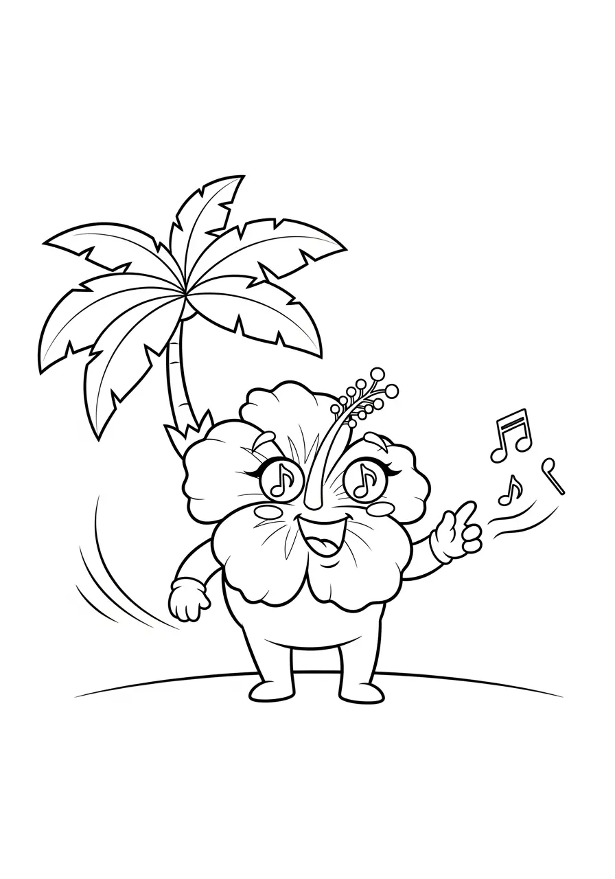 Singing Hibiscus Cute Flower Coloring Page
