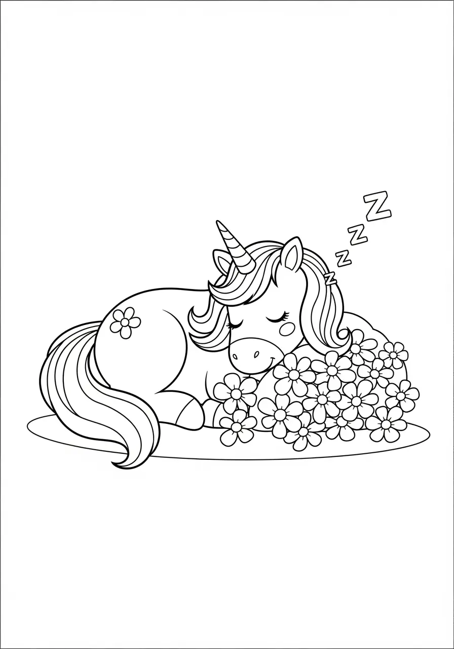 Sleeping Cute Unicorn Coloring Page