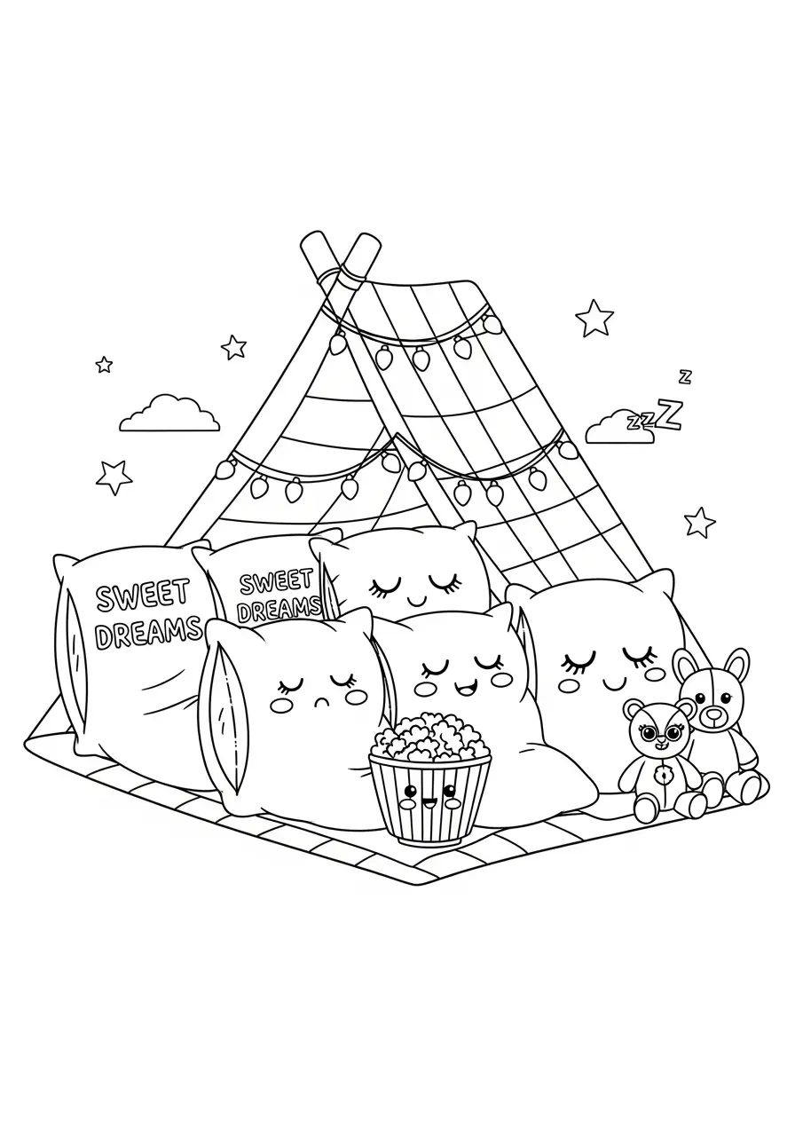 Sleepover Dreams Kawaii Coloring Page