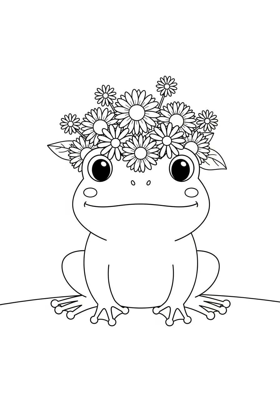 Smiling Frog Coloring Page with Flower Crown