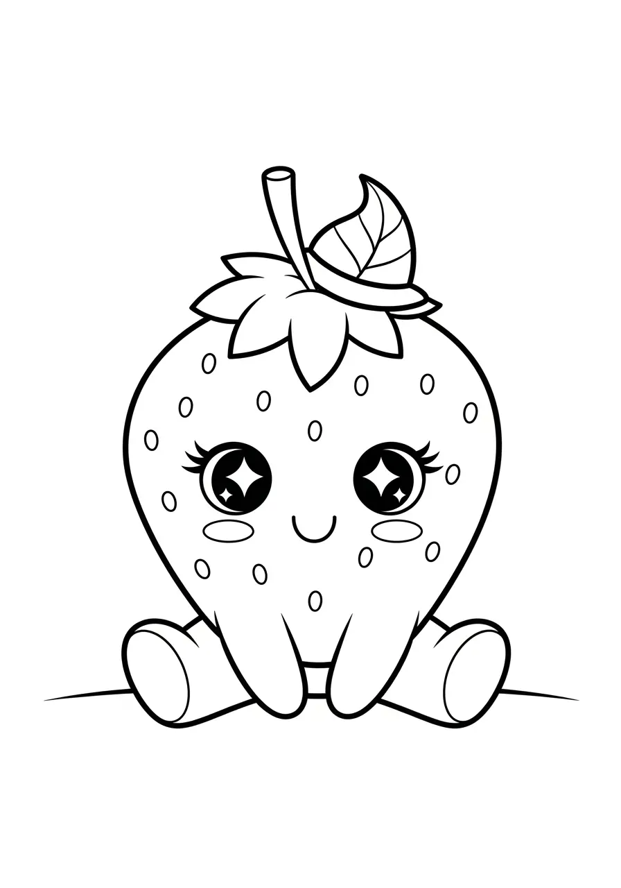 Smiling Strawberry Cute Fruit Coloring Page