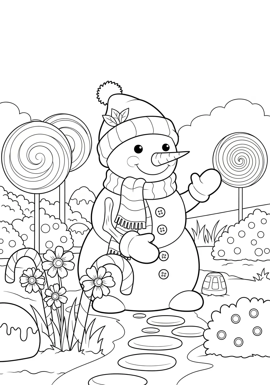 Snowman's Candy Cane Garden Coloring Page