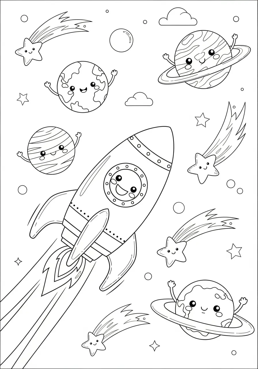 Space Adventure Cute Easy Coloring Page