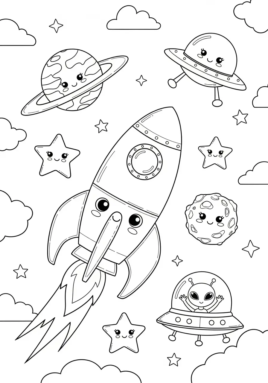 Space Adventure Kawaii Coloring Page
