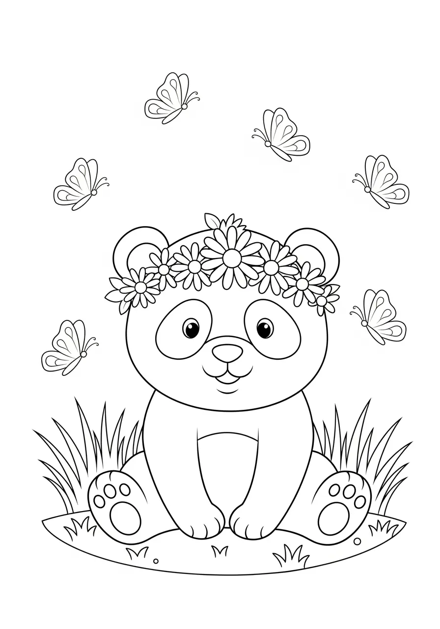 Sweet Panda Coloring Page Wearing Flower Crown