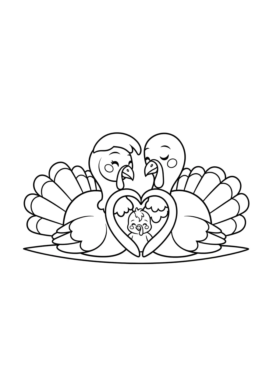 Sweet Turkey Family Thanksgiving Coloring Page