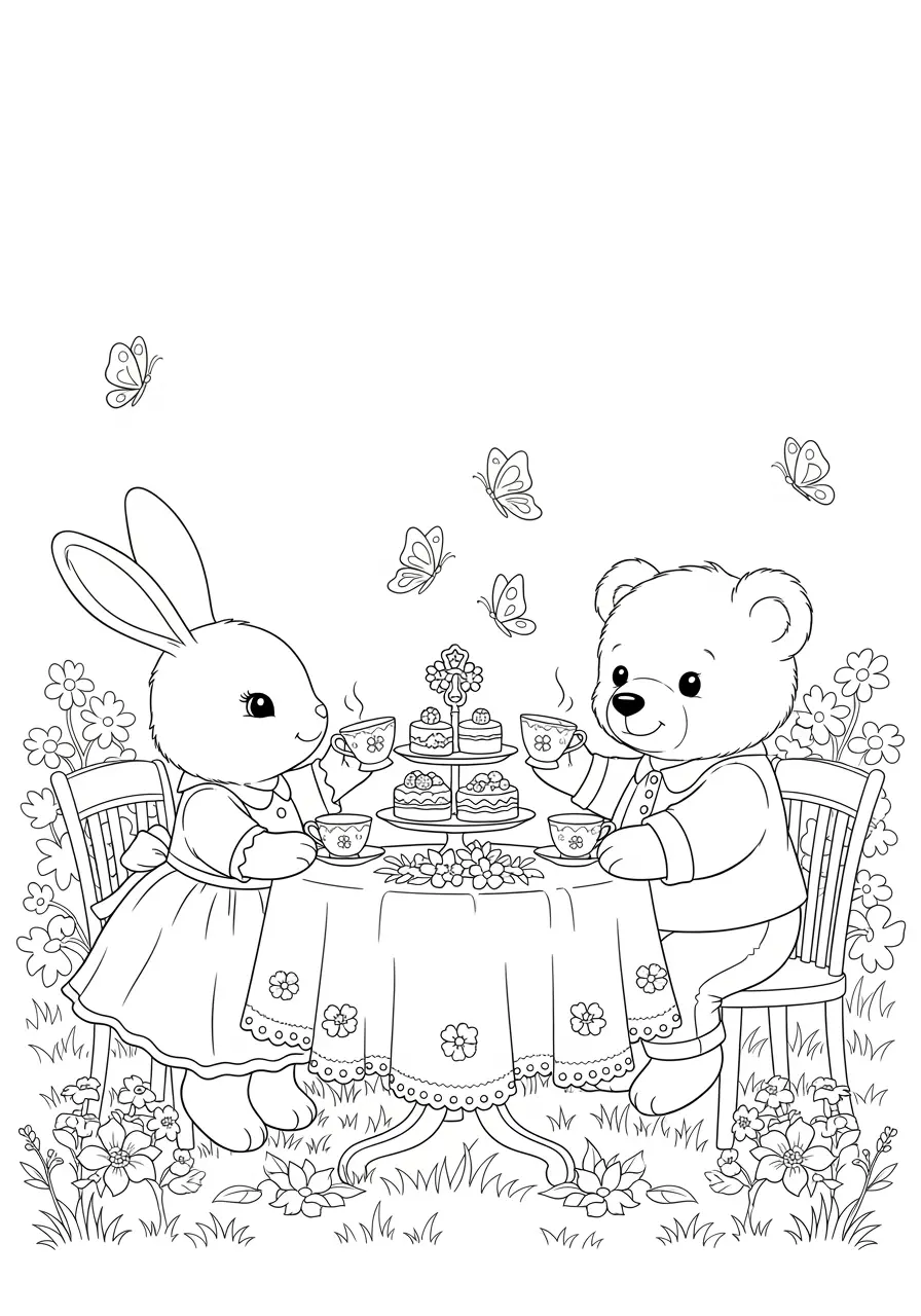 Tea Party Cute Animal Coloring Page
