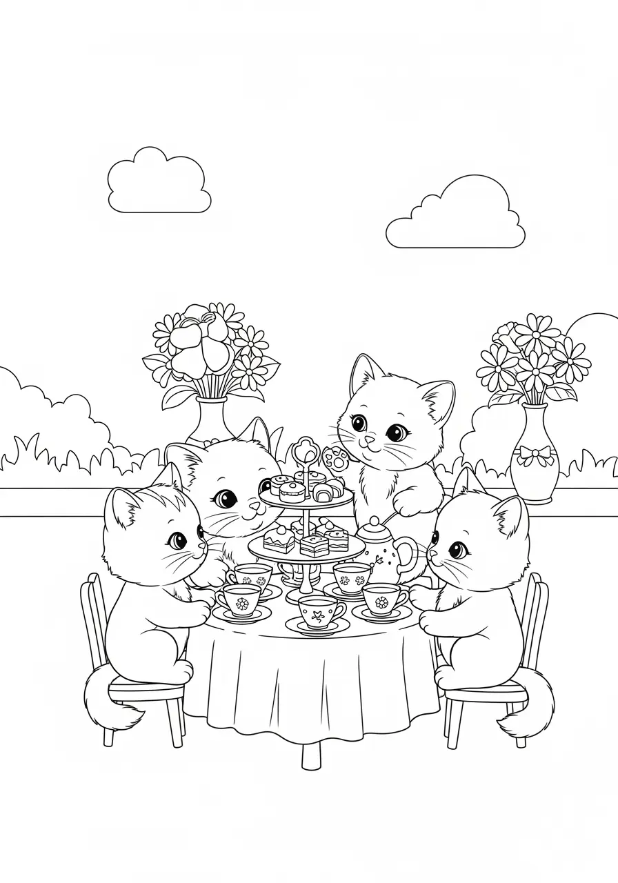 Tea Party Cute Cats Coloring Page