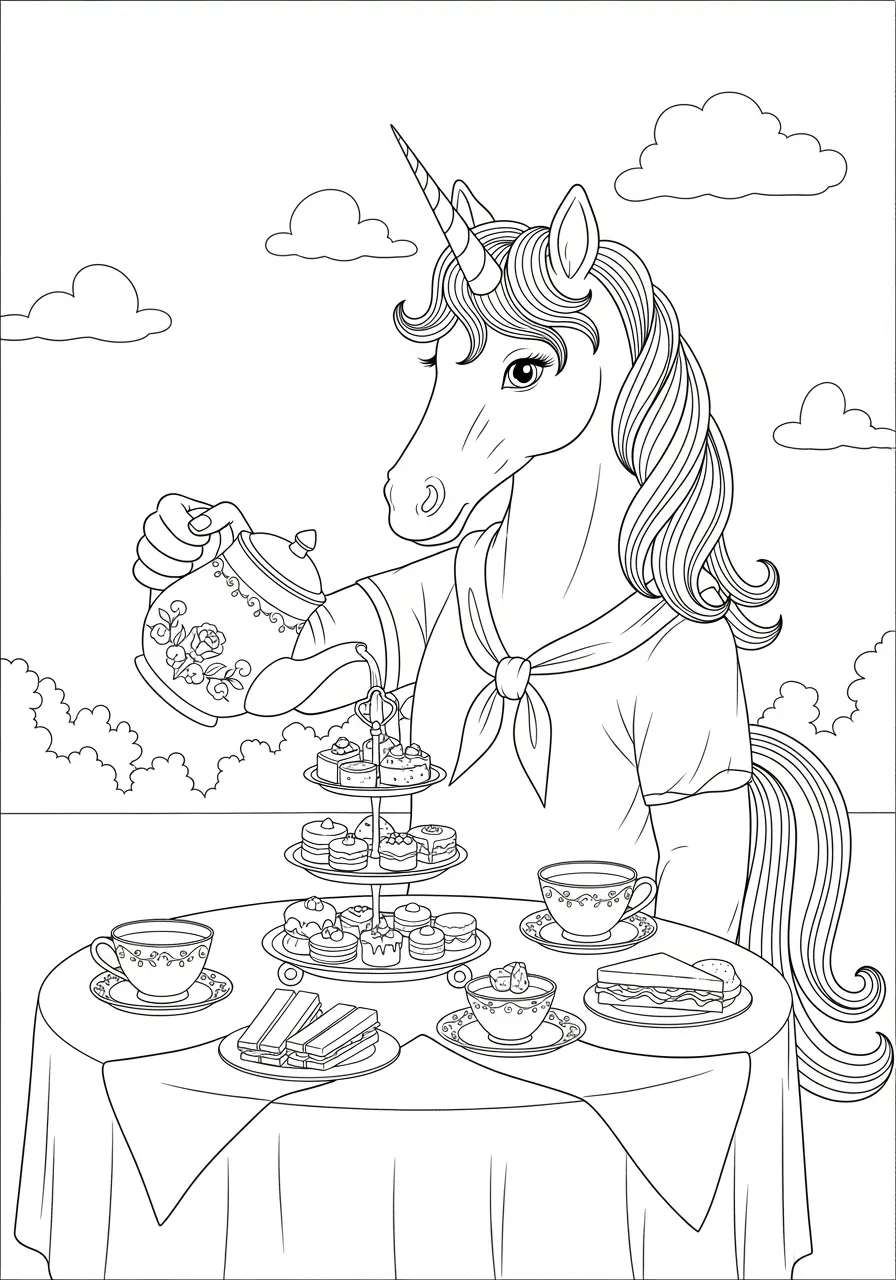 Tea Party Cute Unicorn Coloring Page