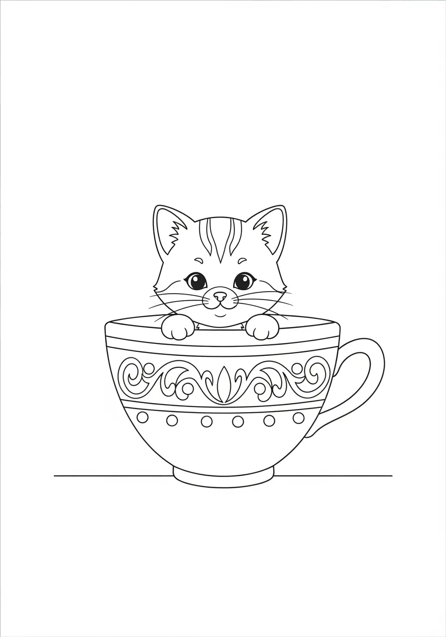 Teacup Cute Cat Coloring Page