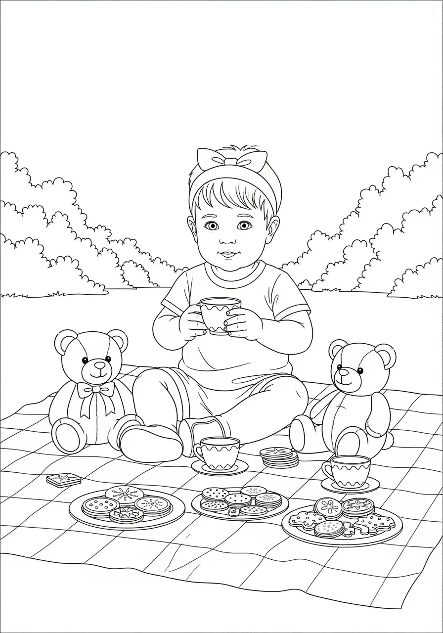 Teddy Bear Picnic Cute Realistic Coloring Page