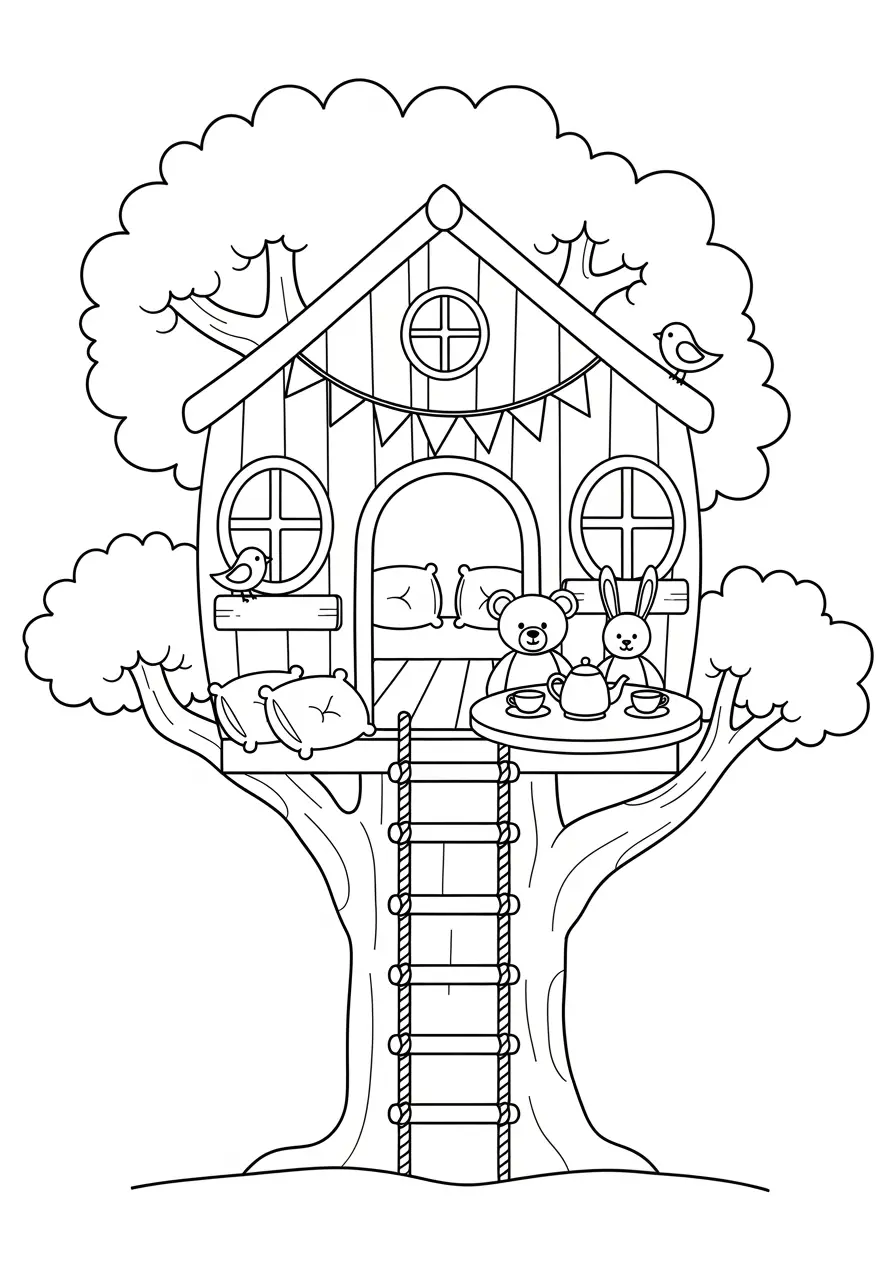 Treehouse Haven Cute Cozy Coloring Page