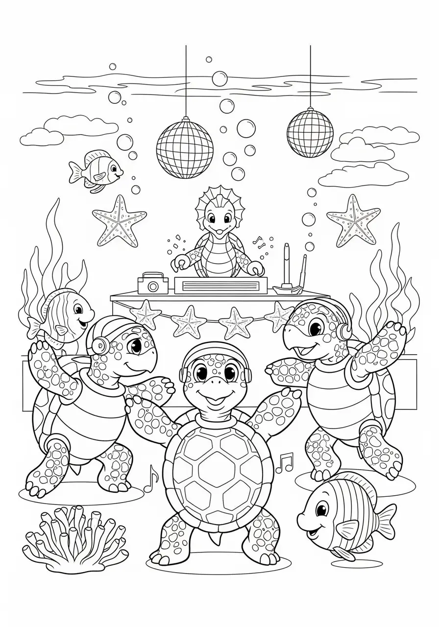 Underwater Dance Party Turtle Coloring Page
