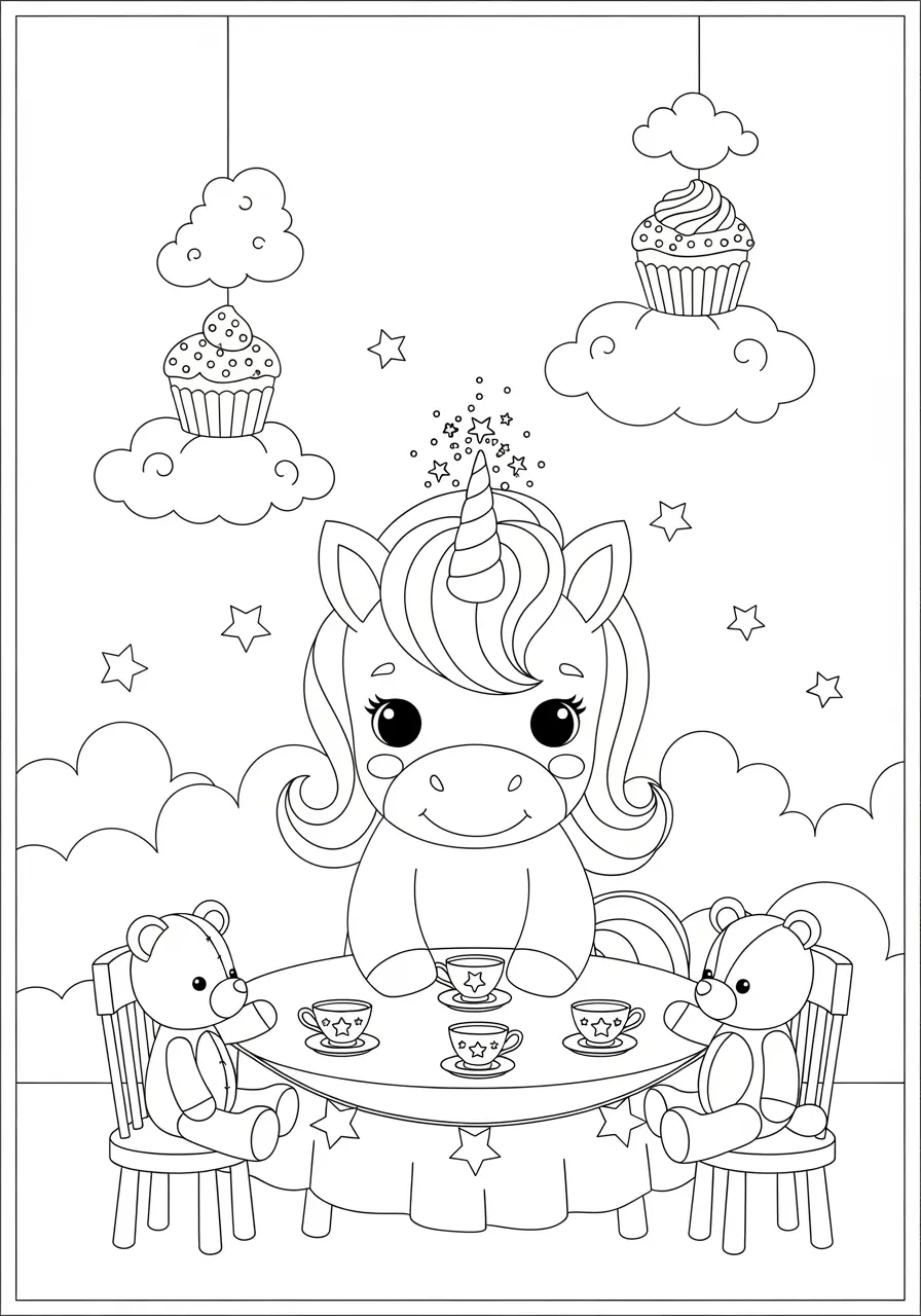 Unicorn Tea Party Easy Coloring Page