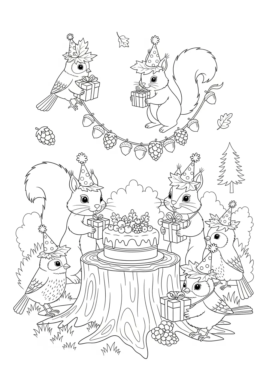 Woodland Birthday Nature Coloring Page